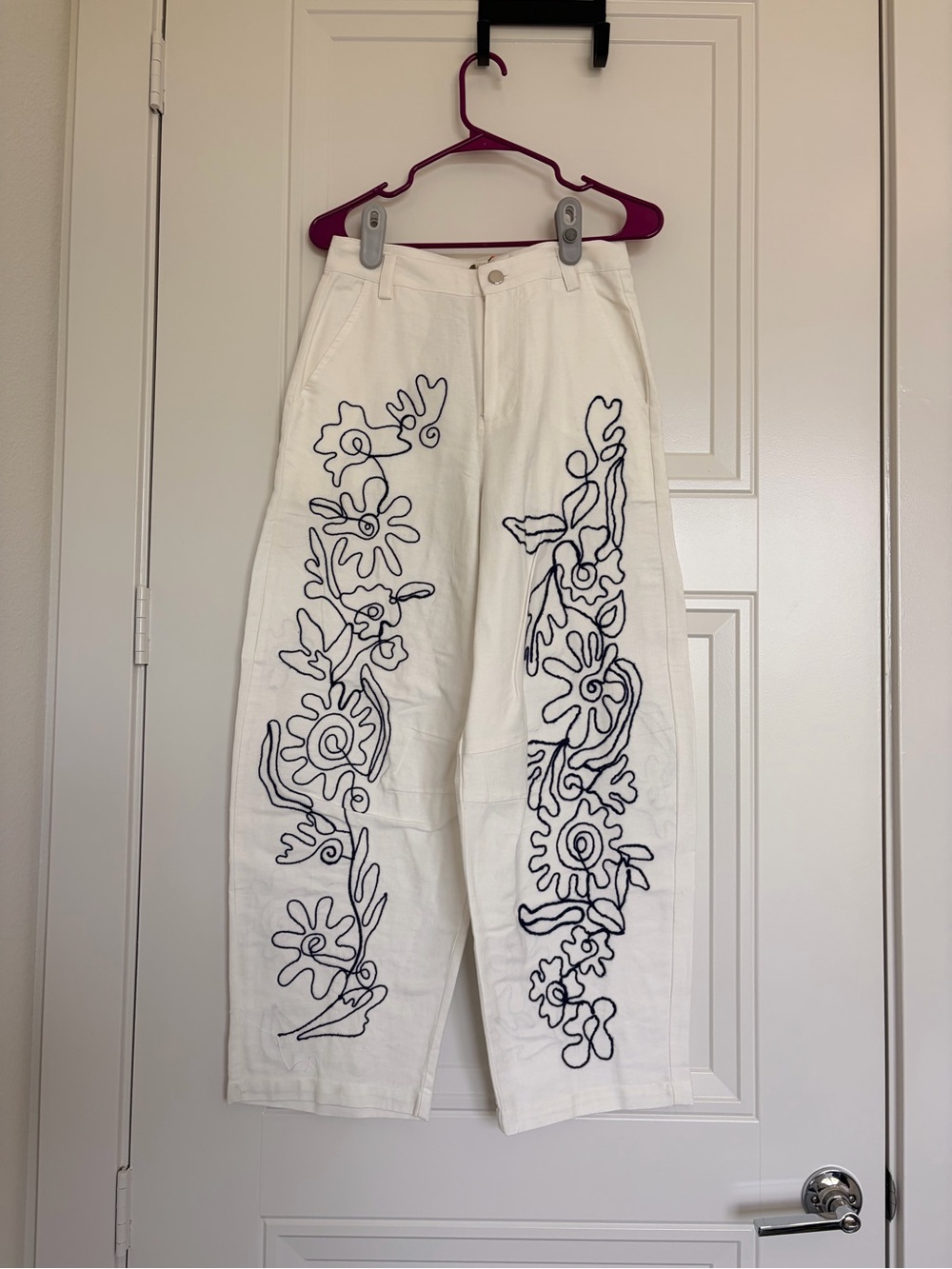 Chelsea & Violet White Wide-Leg Jeans with Navy Floral Outline
